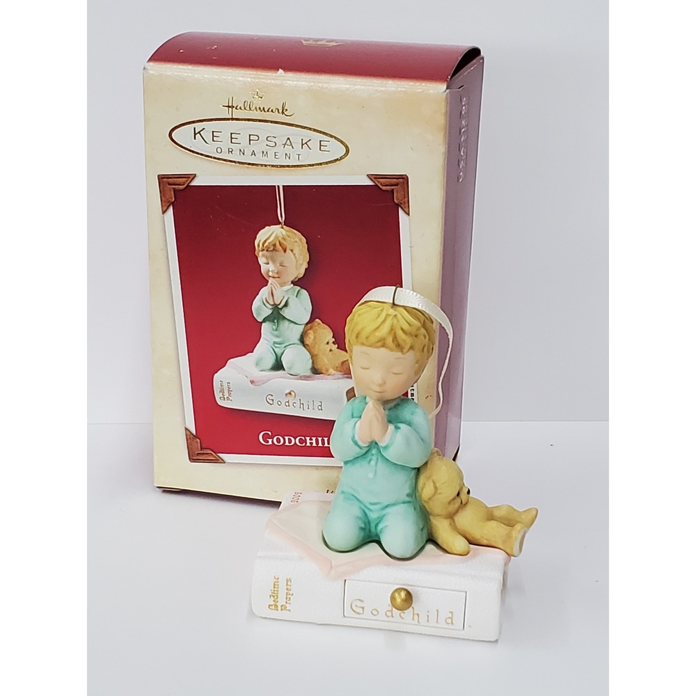 Hallmark Keepsake Ornament 2002 Godchild Praying Boy Teddy Bear with Drawer Box